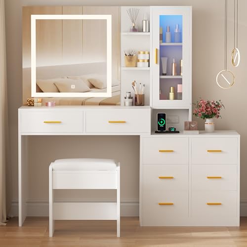 ANWBROAD 51.8" Makeup Vanity Desk with Mirror and Lights, White, 8 Drawers A92651