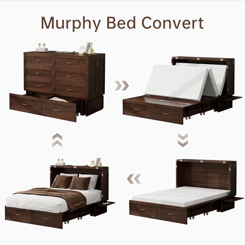 Solid Wood Murphy Bed Cabinet Full with USB Charging Ports and Storage Drawer, Ebony D190415