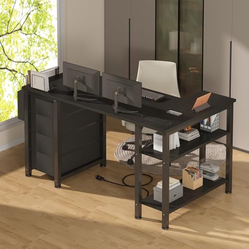 Lufeiya L Shaped Gaming Desk with Drawers & Power Outlet, Black A39519