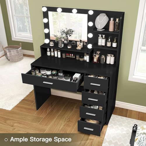 Quimoo Makeup Vanity Desk with Mirror & Lights, 5 Drawers, White Y954