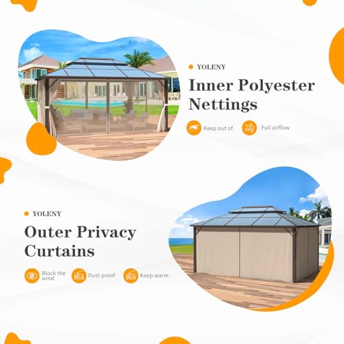 YOLENY 10'x13' Hardtop Gazebo with Aluminum Frame and Curtains F853