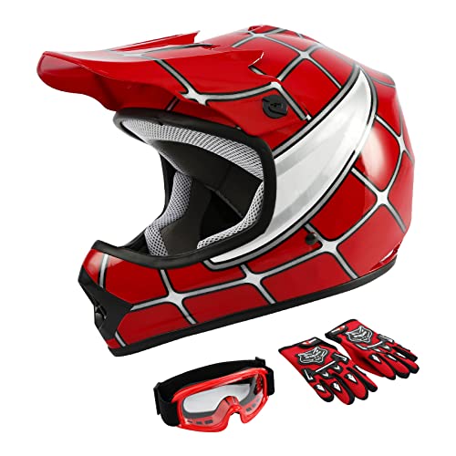 SLMOTO Dot Youth Kids Motocross Helmet Red Spider Design with Goggles and Gloves F254987