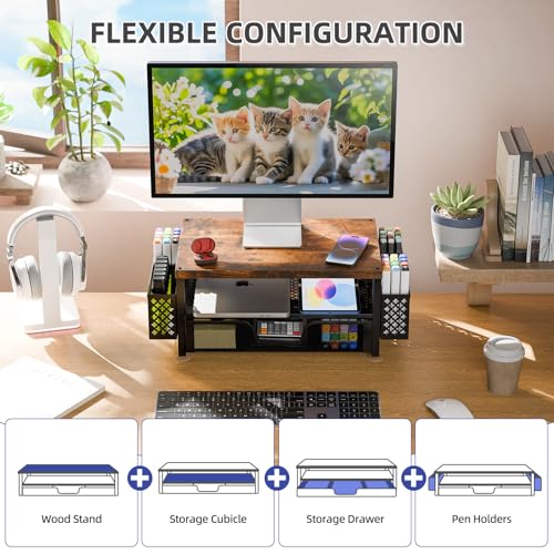 Simple Trending 2 Tier Metal Monitor Stand with Drawer and Pen Holder R17754