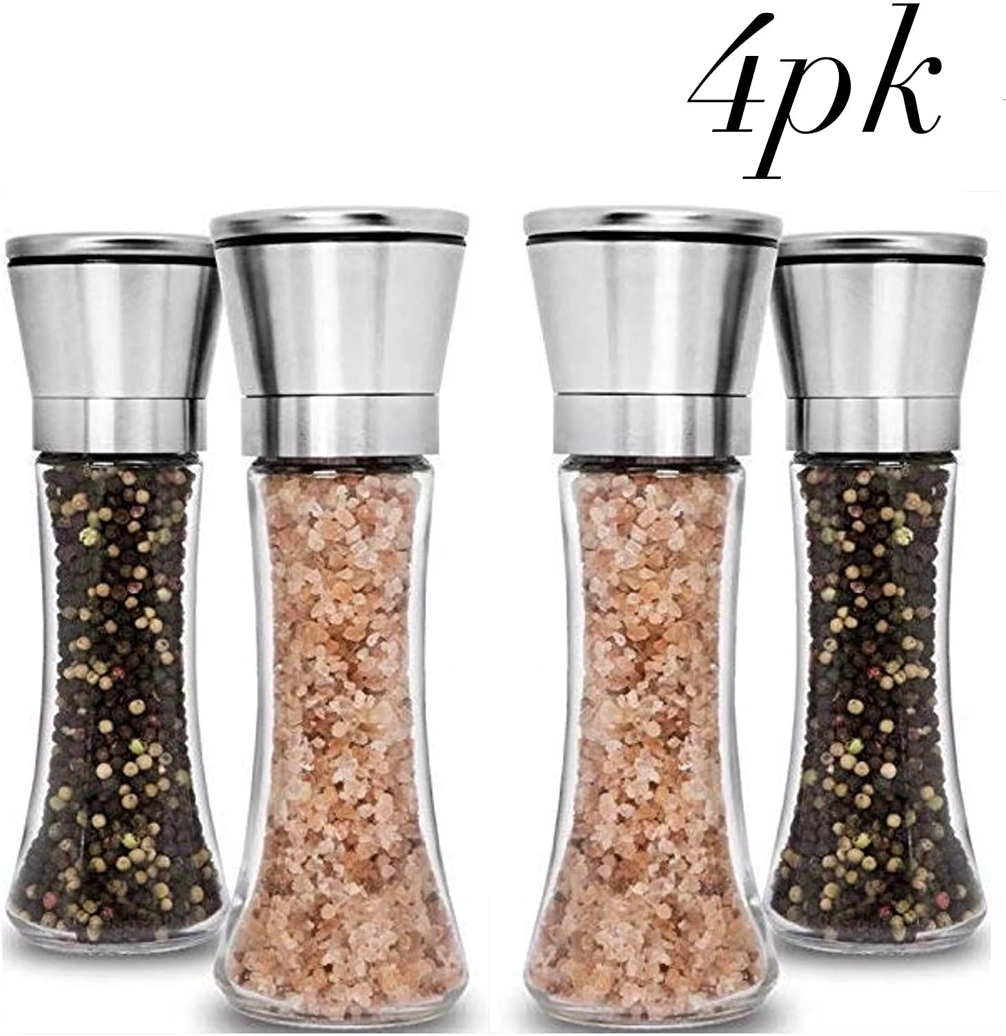 HOME EC Original Stainless Steel Salt and Pepper Grinder Set - Adjustable Ceramic Sea Salt Grinder & Pepper Grinder - Tall Glass Salt and Pepper Shakers - Pepper Mill & Salt Mill (Clear Glass, 4pk)