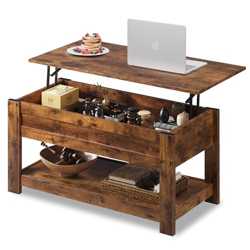 WLIVE Lift Top Coffee Table with Storage Shelf, Rustic Brown Z11463