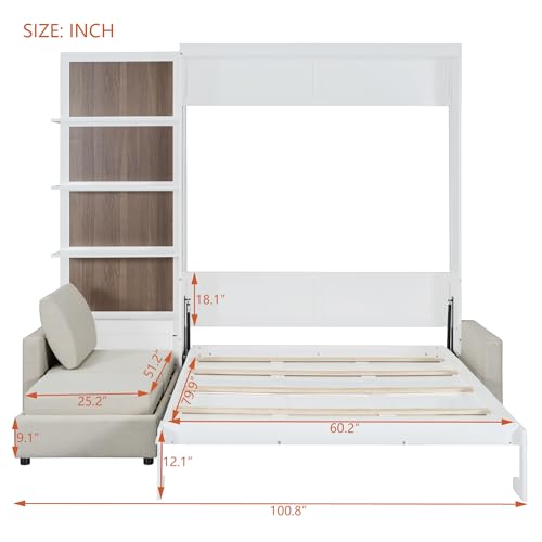 Harper & Bright Designs Queen Murphy Bed with Sofa and Shelves, White P14954