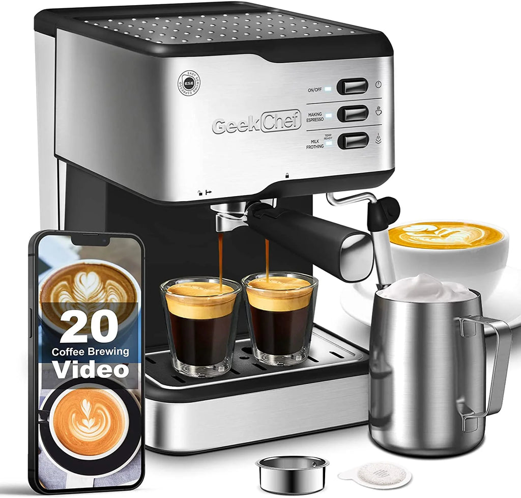 Geek Chef Espresso Machine 20 Bar, Cappuccino latte Maker Coffee Machine with ESE POD capsules filter&Milk Frother Steam Wand, 1.5L Water Tank, for Home Barista, Stainless steel 950W, Black