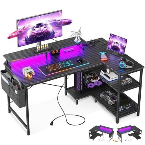 ODK 48 Inch L Shaped Gaming Desk with USB Charging Ports and LED Lights S136