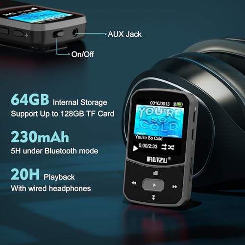 RUIZU 64GB Clip MP3 Player with Bluetooth 5.3, Red D1527