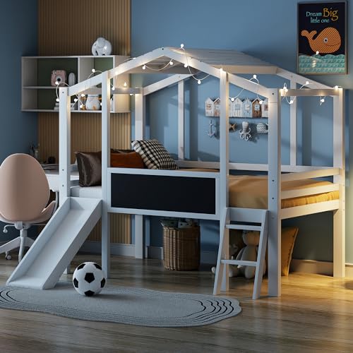 Harper & Bright Designs Kids Twin Low Loft Bed with Slide, Storage Shelves & Stairs, White/Pink C414827