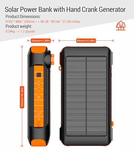 Solar Power Bank 20000mAh with Hand Crank and 4 Cables, Orange N83109