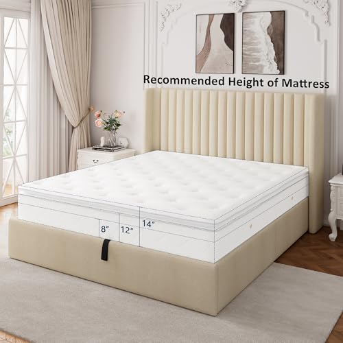 Full Size Lift Up Storage Bed with Wingback Headboard, White Y8002