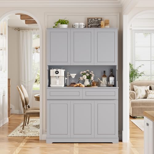74" Tall Pantry Cabinet with 6 Doors and 2 Drawers, Grey E15130