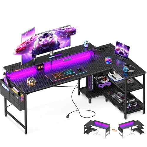 ODK 48 Inch L Shaped Gaming Desk with USB Charging Ports and LED Lights S136