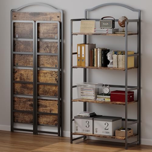 JSB Folding Bookshelf 5 Tier Vintage Wood Bookcase for Living Room Bedroom Office S131658