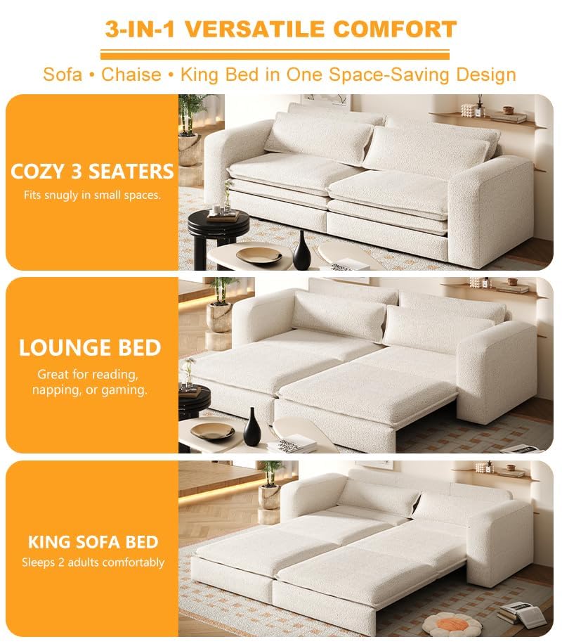93" King Pull Out Sofa Bed with 2 Pillows, Blue Q21489