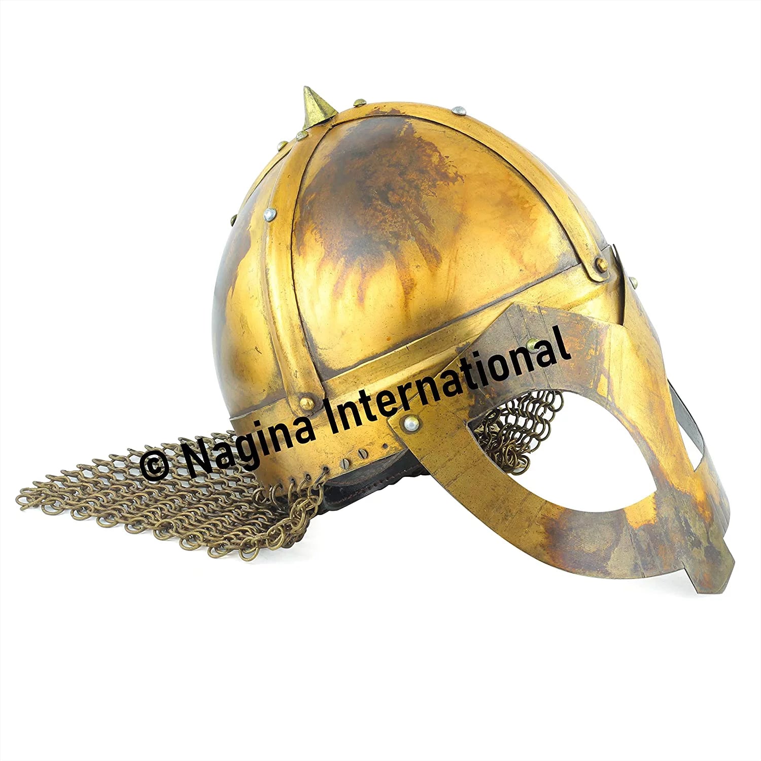 Panda Style Steel Silver Helmet Chain Mail Medieval Warrior Wearable Armor Roman Trojan Knight Spartan LARP Costume Viking Norse Spectacle Helmet Antique Brass P44765