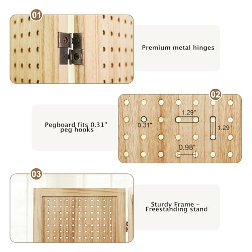 Pegboard Display 5.6Ft Wooden Room Divider Folding Privacy Screen Freestanding Wall Organizer, 4 Panels, Natural C603