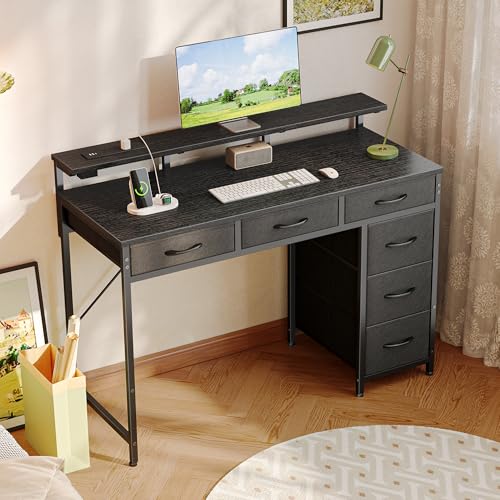 Huuger Gaming Desk with 6 Drawers, LED Lights, 47 Inch, Black N423283