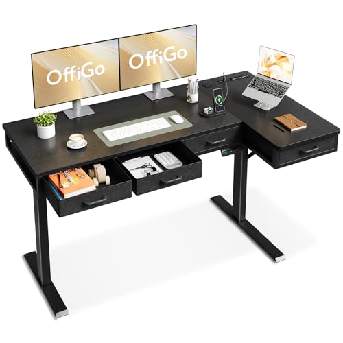 OffiGo 63 Inch L Shaped Electric Standing Desk with Drawers, Black O5647