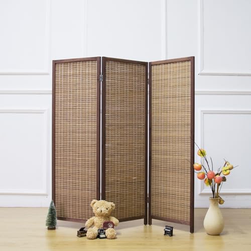 3 Panel Bamboo Room Divider, Double Sided, Brown, 47.2"H E393