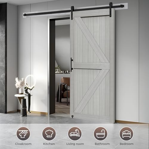 S&Z TOPHAND® 20 in x 84 in Elephant Gray British Brace Knotty Barn Door with 4FT Sliding Hardware Kit G149446