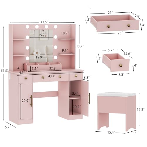 White Vanity Desk with Mirror and Lights, Charging Station and Stool Z6519