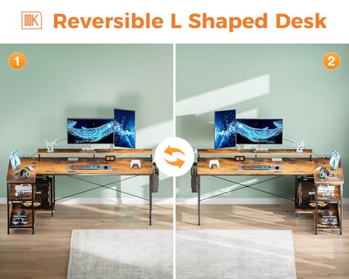 ODK 48 Inch L Shaped Gaming Desk with USB Charging Ports and LED Lights S136