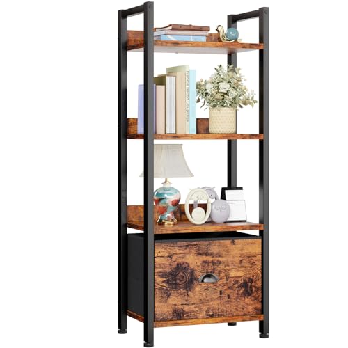 Furologee 5 Tier Bookshelf with Drawer, Industrial Tall Narrow Bookcase, Black T883828
