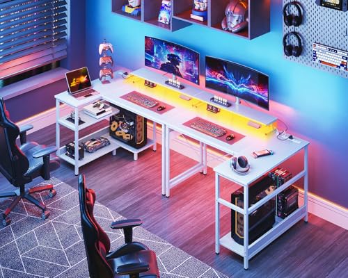 ODK 48 Inch L Shaped Gaming Desk with USB Charging Ports and LED Lights S136