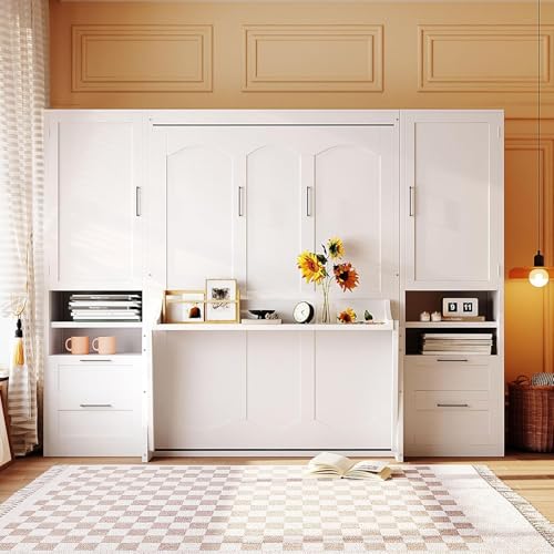 MERITLINE Full Murphy Bed with Desk and Storage, White P49157