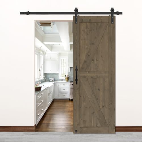 S&Z TOPHAND® 20 in x 84 in Elephant Gray British Brace Knotty Barn Door with 4FT Sliding Hardware Kit G149446
