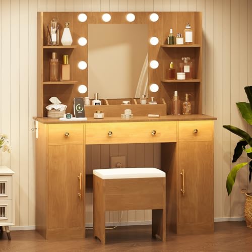 White Vanity Desk with Mirror and Lights, Charging Station and Stool Z6519