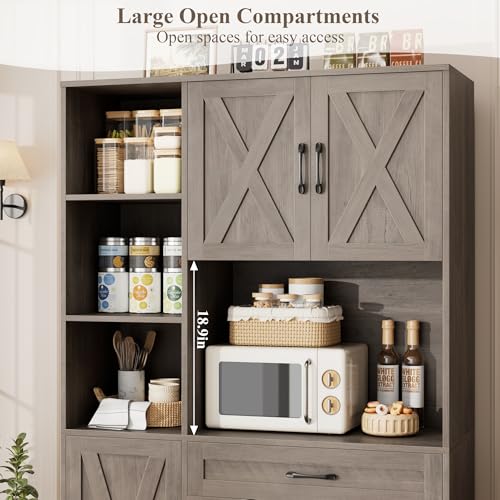 HOSTACK 71" Tall Kitchen Pantry Storage Cabinet with Microwave Stand, Barn Doors, Ash Grey H766476