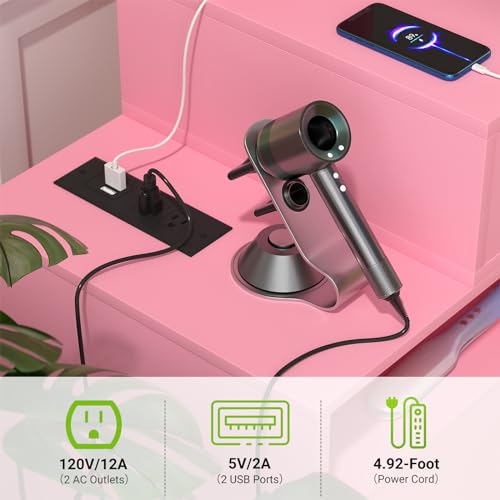 White Vanity Desk with Power Outlet and Storage Y378