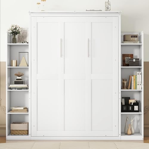 Merax Queen Size Wood Murphy Bed with LED Lights and Shelves, Grey K26344