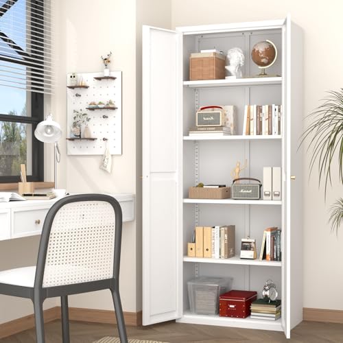 GREATMEET 65" Tall Kitchen Pantry Cabinet, White Metal Farmhouse Cupboard with Adjustable Shelves D202