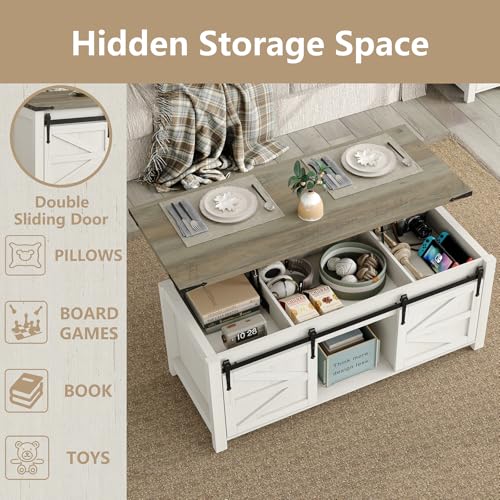 47.3" Lift Top Coffee Table with Storage and Barn Doors, White and Grey I616078