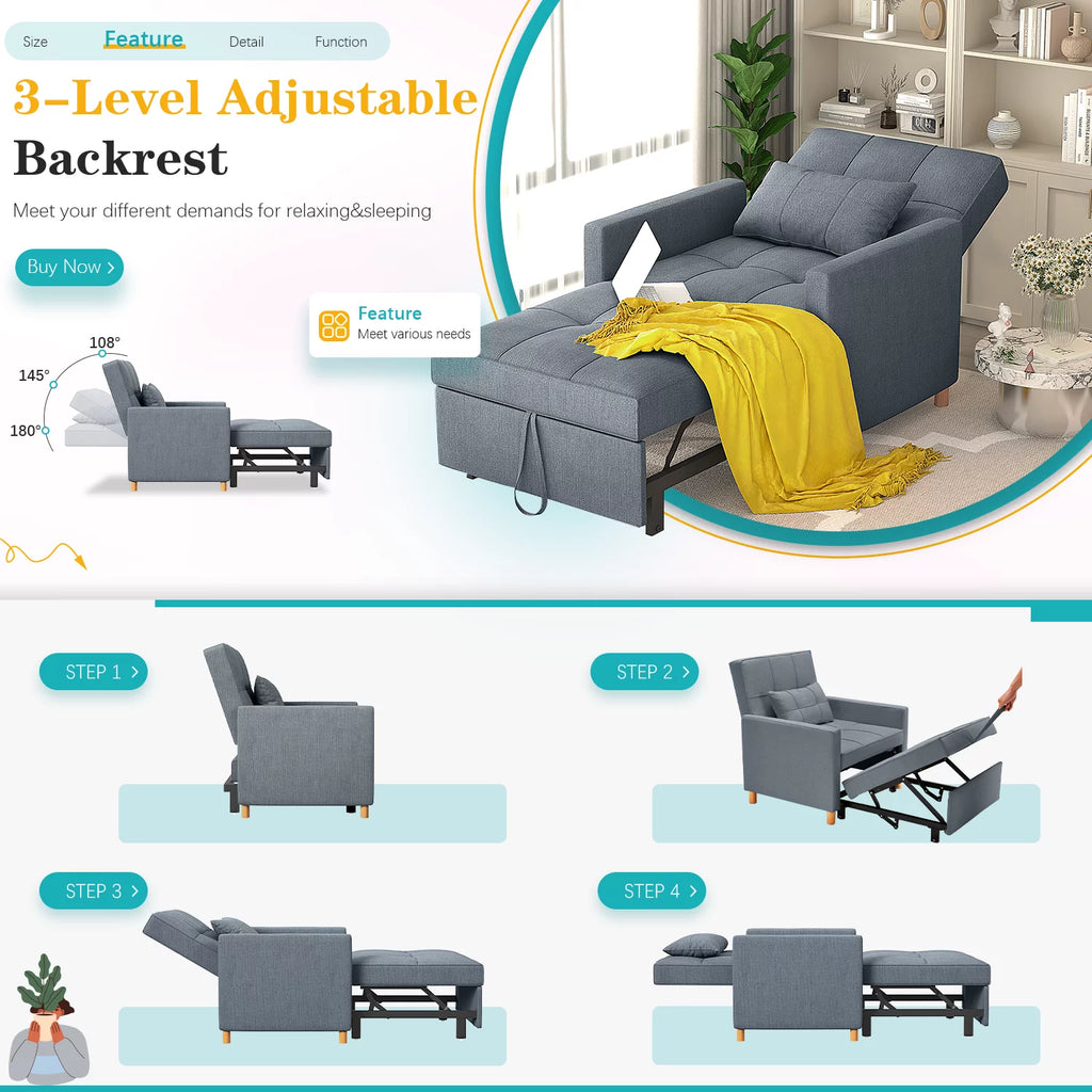 YODOLLA Sleeper Sofa Chair 3 in 1 Pull Out Chair Bed with Pillow, Dark Grey N8421