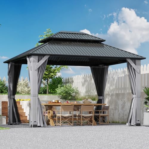 12'x12' Hardtop Gazebo with Galvanized Steel Roof, Aluminum Frame, Curtains & Netting X81832