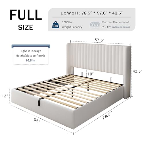 Full Size Lift Up Storage Bed with Wingback Headboard, White Y8002