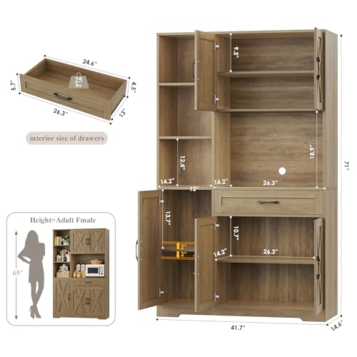 HOSTACK 71" Tall Kitchen Pantry Storage Cabinet with Microwave Stand, Barn Doors, Ash Grey H766476