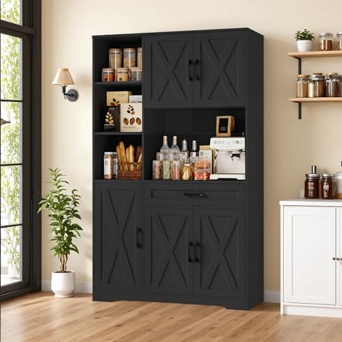 HOSTACK 71" Tall Kitchen Pantry Storage Cabinet with Microwave Stand, Barn Doors, Ash Grey H766476