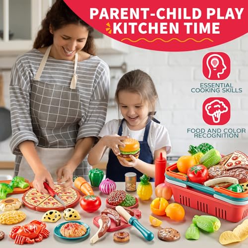 Play Food Sets for Kids Kitchen with Picnic Basket, Pizza and Cutting Toys Z1351