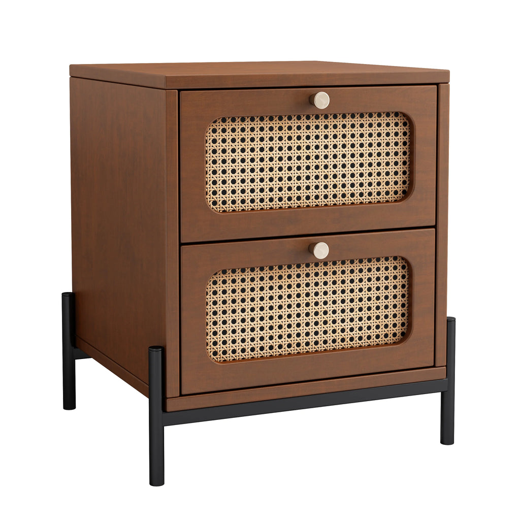 CoSoTower Rattan Wood 2-Drawer Side Table Nightstand, Walnut R303