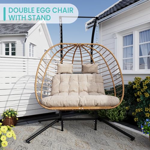 SWITTE Double Egg Swing Chair with Stand, Outdoor Patio Hanging Wicker Hammock with Cushion, Dark Grey X8839