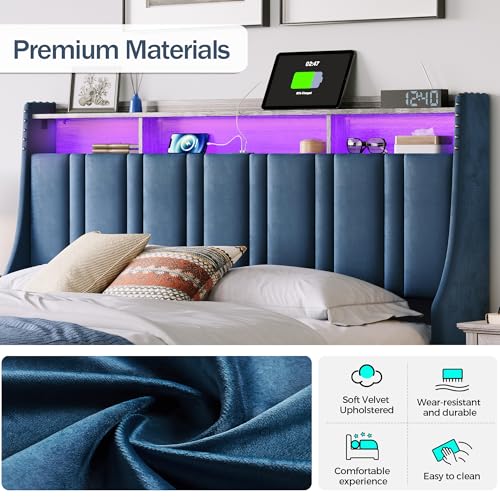 LINSY Lift Up Storage Queen Bed Frame with LED Lights and Charging Station, Dark Grey I29937
