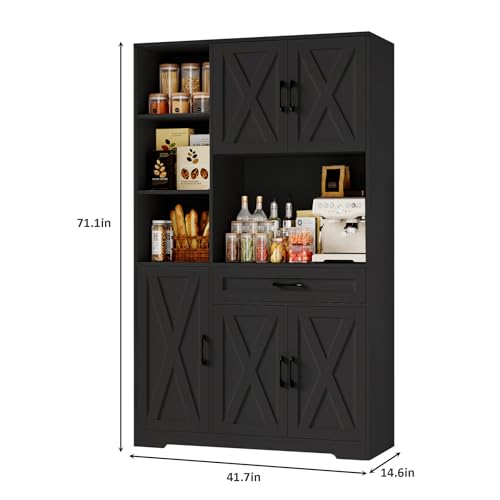 HOSTACK 71" Tall Kitchen Pantry Storage Cabinet with Microwave Stand, Barn Doors, Ash Grey H766476