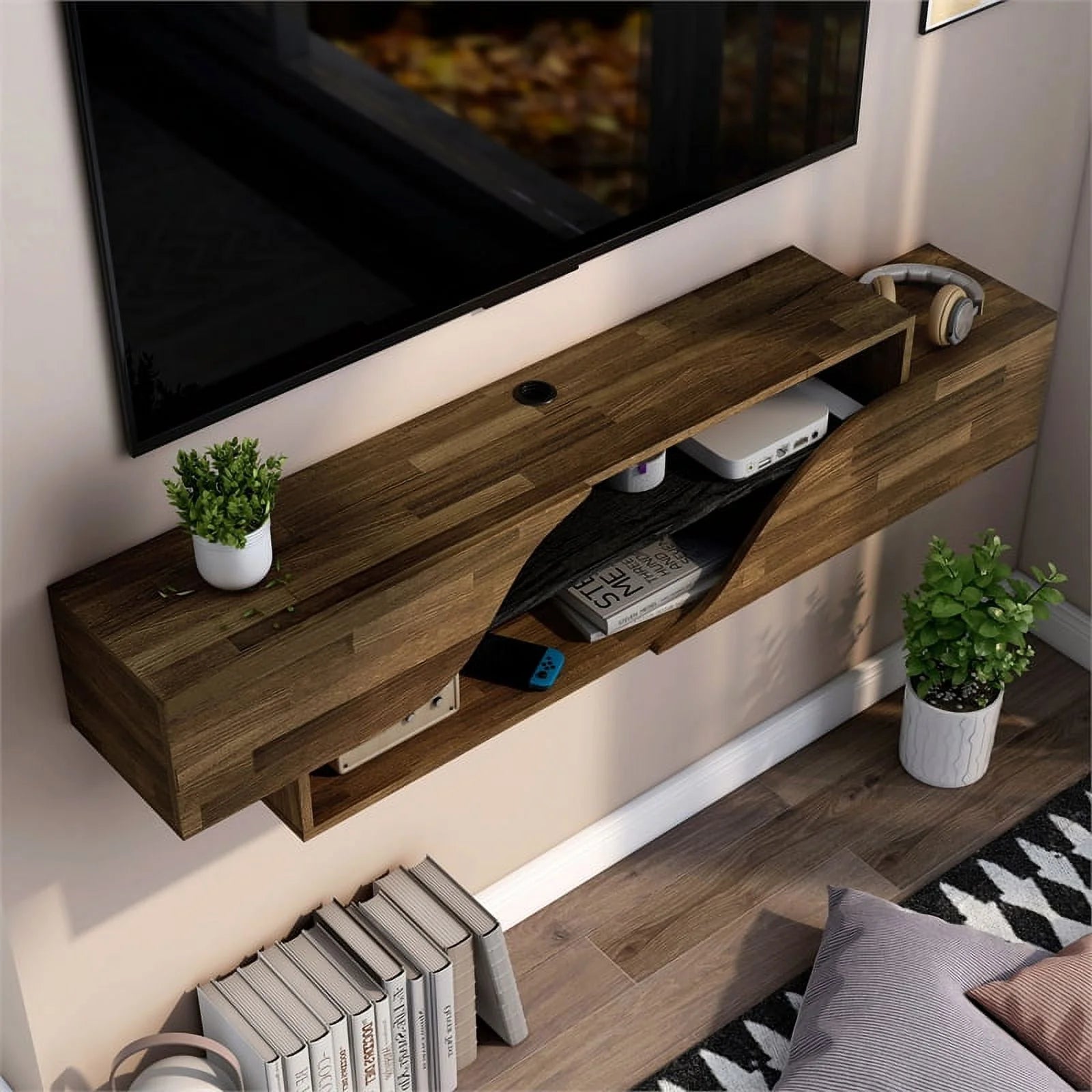Furniture of America Hart Wood 2-Shelf Floating TV Console Brown Hickory K675
