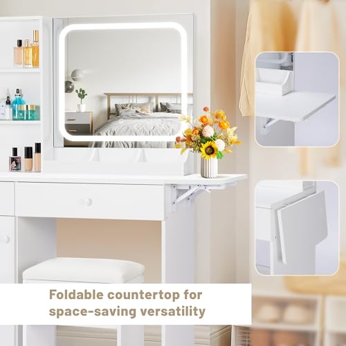 Vanity Desk with Mirror and LED Lights, Charging Station, White A6307